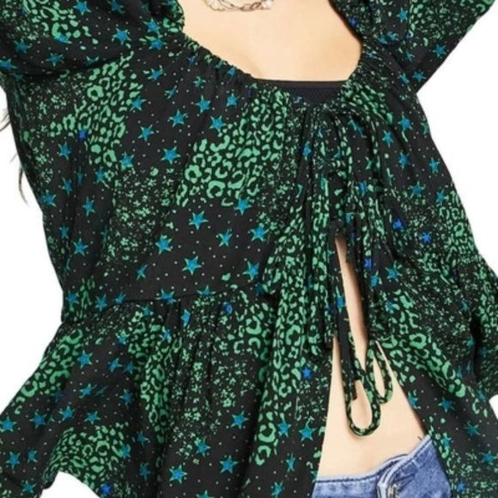 TOPSHOP Mix Print Tie Front Shirt Green NWT